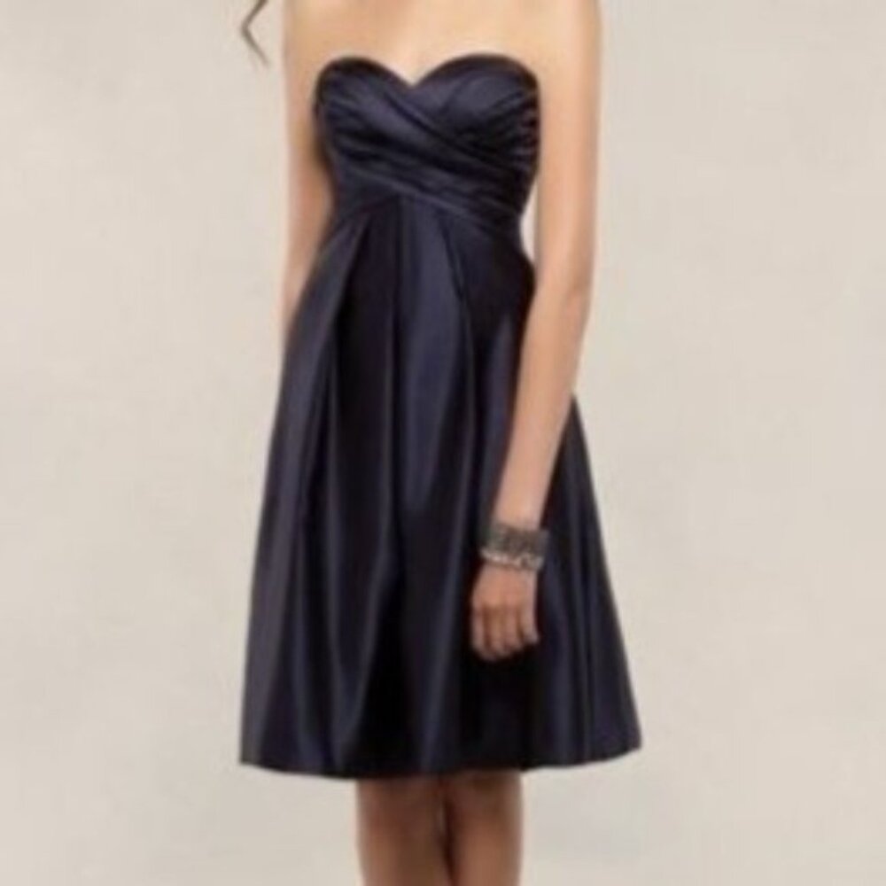 Bill Levkoff Navy Blue Satin Cocktail Bridesmaid Dress Size 8 EUC